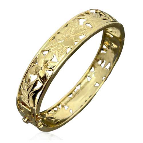 14KT Gold Hawaiian 14mm Cut - in Flower of Hawaii Bangle with Box Clasp and Hinge - Jewelry - Leilanis Attic