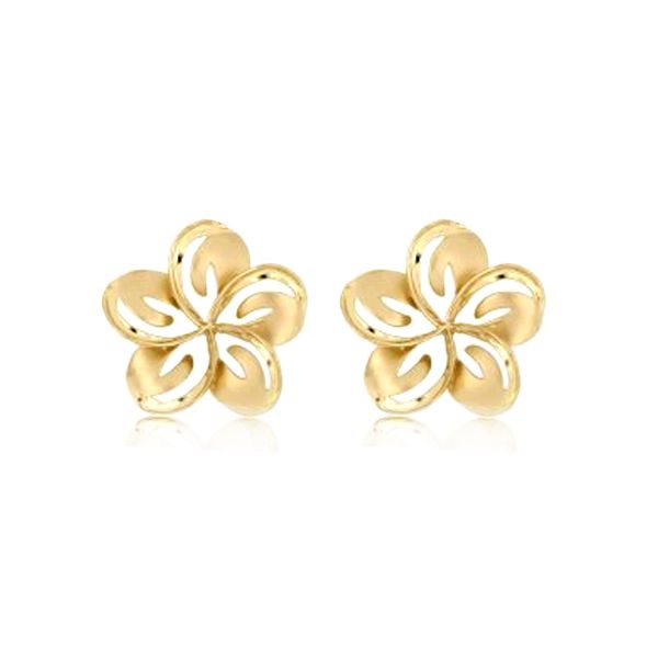 14KT Yellow Gold 14mm Cut in Plumeria Stub Earrings - Leilanis Attic