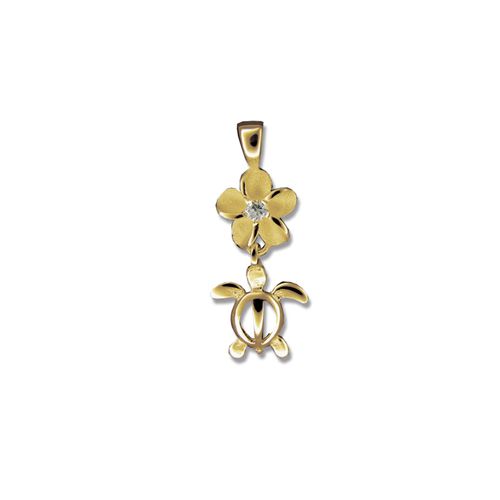 14kt Yellow Gold Cut - Out Hawaiian Mini HONU with Plumeria Pendant - Jewelry - Leilanis Attic