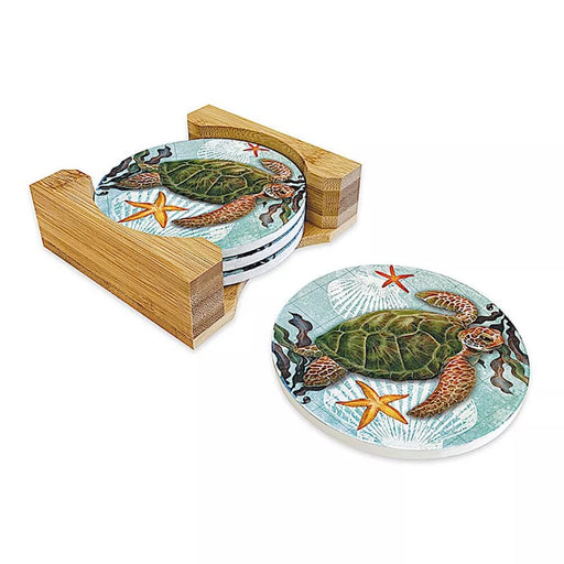 4 - Pack Round Coasters with Bamboo Caddy - Honu Journey - Coaster - Leilanis Attic