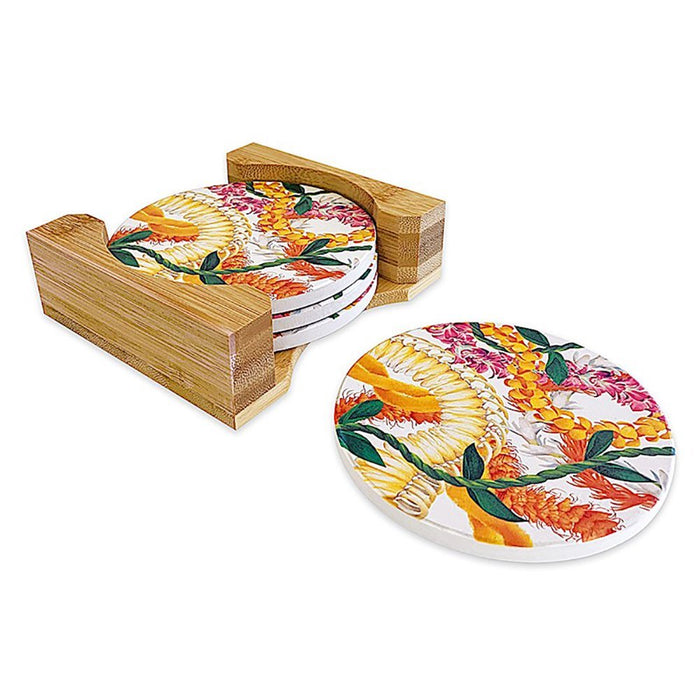 4 - Pack Round Coasters with Bamboo Caddy - Leis of Aloha - Coaster - Leilanis Attic