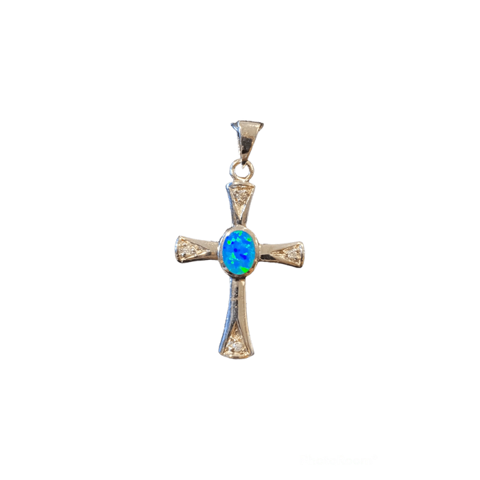 Blue Opal and Sterling Silver with CZ Cross Pendant - Jewelry - Leilanis Attic