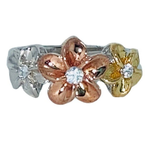 Dainty 6 - 8 - 6mm Sterling Silver Tri - Color and Rhodium Plated Three Plumeria Ring with Clear CZ - Ring - Leilanis Attic