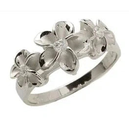 Dainty 6 - 8 - 6mm Sterling Silver and Rhodium Plated Three Plumeria Ring with Clear CZ - Ring - Leilanis Attic