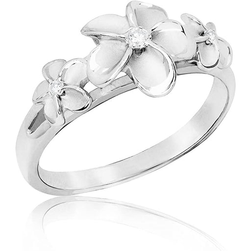 Dainty 8 - 10 - 8mm Sterling Silver Three Plumeria Ring with Clear CZ - Ring - Leilanis Attic