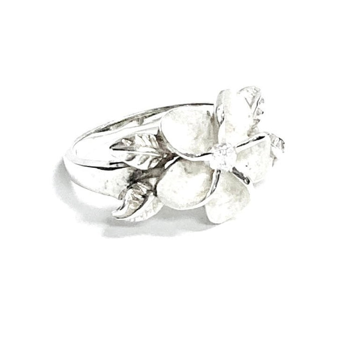 Dainty Sterling Silver 12mm 4 - Leaf Plumeria Ring with Clear CZ - Ring - Leilanis Attic