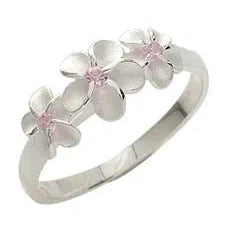 Dainty Sterling Silver Three Plumeria Ring with Pink CZ - Ring - Leilanis Attic