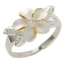 Dainty Sterling Silver Two Tone 4 - Leaf Plumeria Ring with Clear CZ - Ring - Leilanis Attic