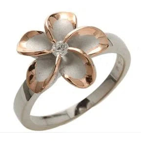 Dainty Sterling Silver Two Tone Rose Gold and Rhodium Plated 14mm Plumeria Ring with Clear CZ - Ring - Leilanis Attic