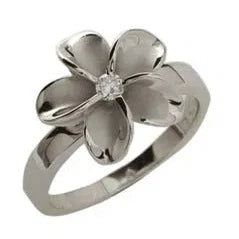 Dainty Sterling Silver and Rhodium Plated 14mm Plumeria Ring with Clear CZ - Ring - Leilanis Attic