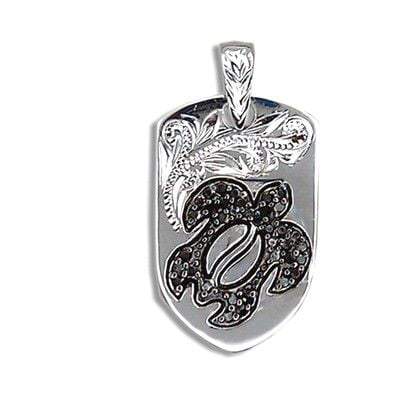 Engraved Sterling Silver Black CZ Hawaiian Honu with Shield Shaped Pendant - Jewelry - Leilanis Attic