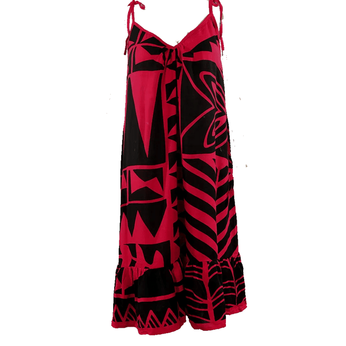 Haiku Short Ruffle Dress - Pearl Tappa Red/Black - Dress - Leilanis Attic