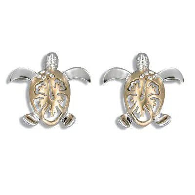 Hawaiian Two Tone Hibiscus Honu Pierced Earrings - Jewelry - Leilanis Attic