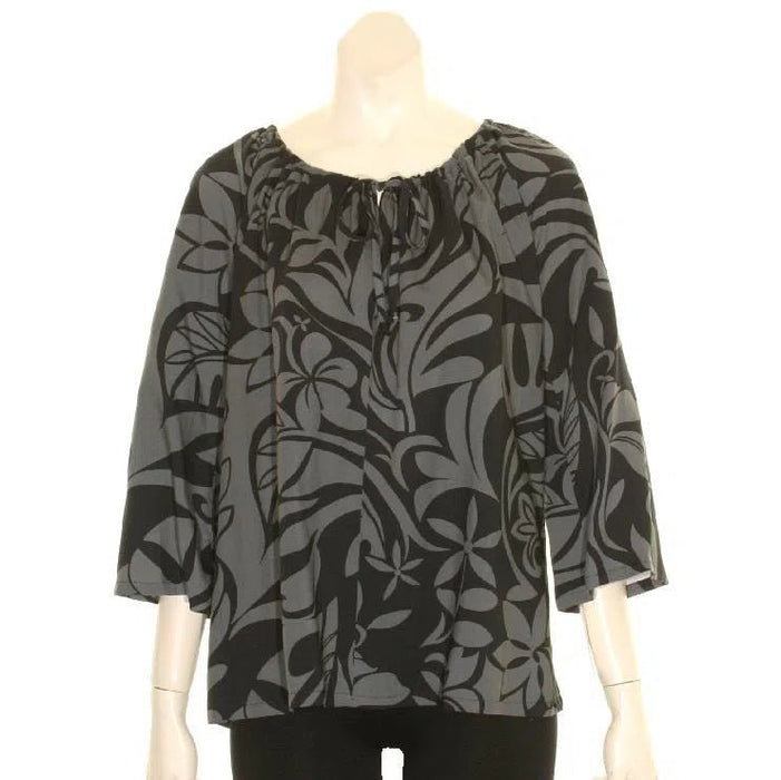 Hilo Hattie "Tiare Swirl" 3/4 Sleeve Peasant Top, Charcoal - Blouse - Leilanis Attic