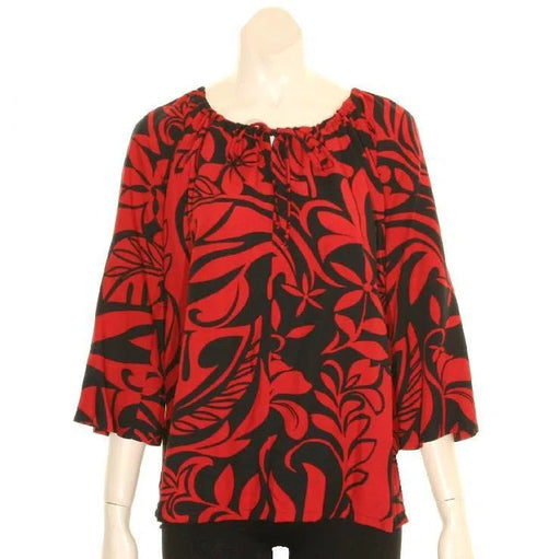 Hilo Hattie "Tiare Swirl" 3/4 Sleeve Peasant Top, Red/Black - Blouse - Leilanis Attic