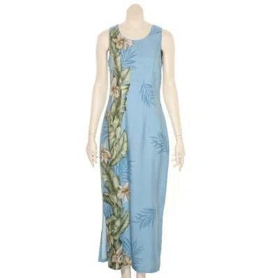 Hilo Hattie Womens “Dobby Orchid” Panel Long Dress (Light Blue) - Aloha Dress - Leilanis Attic