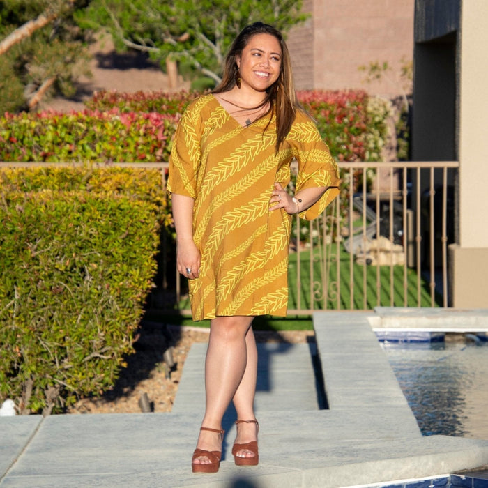 Island Edge Designs "Mehgan" V - Neck Mini Dress - Golden Brown - Aloha Dress - Leilanis Attic