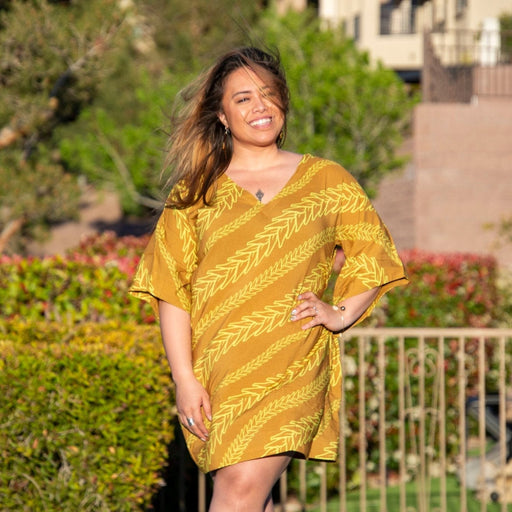 Island Edge Designs "Mehgan" V - Neck Mini Dress - Golden Brown - Aloha Dress - Leilanis Attic