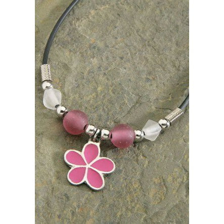 Pewter and Enamel Pink Plumeria Rubber Cord Necklace - Jewelry - Leilanis Attic