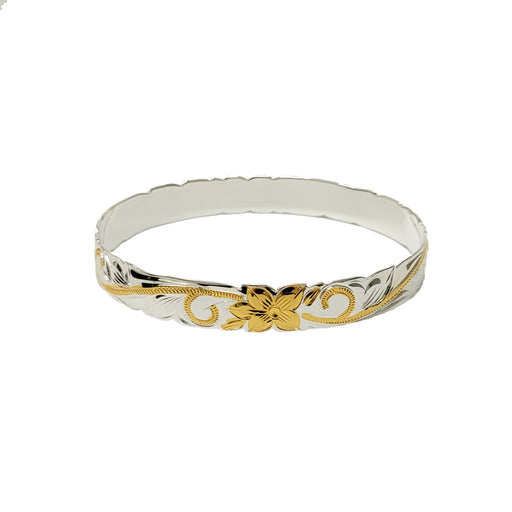 Silver Two - Tone Gold Plumeria Hawaiian Scroll Cut - Out Edge Bangle, 10mm - Jewelry - Leilanis Attic