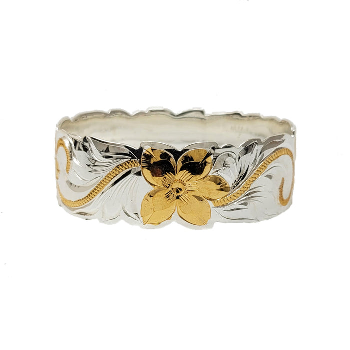 Silver Two - Tone Gold Plumeria Scroll Cut - Out Edge Bangle, 22mm - Jewelry - Leilanis Attic