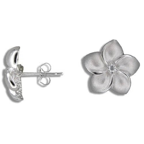 Sterling Silver 15MM Hawaiian Plumeria with Clear CZ Pierced Earrings - Jewelry - Leilanis Attic