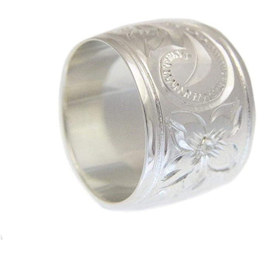 Sterling Silver 15mm Hawaiian Plumeria and Scroll Ring with Straight Edge - Ring - Leilanis Attic