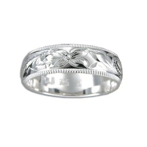 Sterling Silver 6mm Hawaiian Plumeria and Scroll Ring with Coin Edge - Jewelry