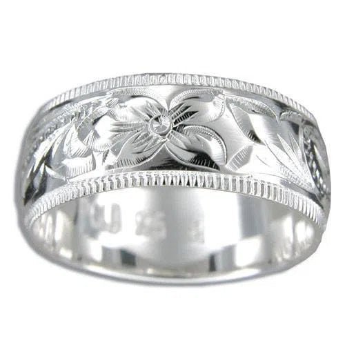 Sterling Silver 8MM Hawaiian Plumeria and Scroll Ring with Coin Edge - Ring - Leilanis Attic