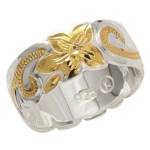 Sterling Silver 8mm Two Tone Hawaiian Plumeria and Scroll Ring with Cut - Out Edge - Ring - Leilanis Attic