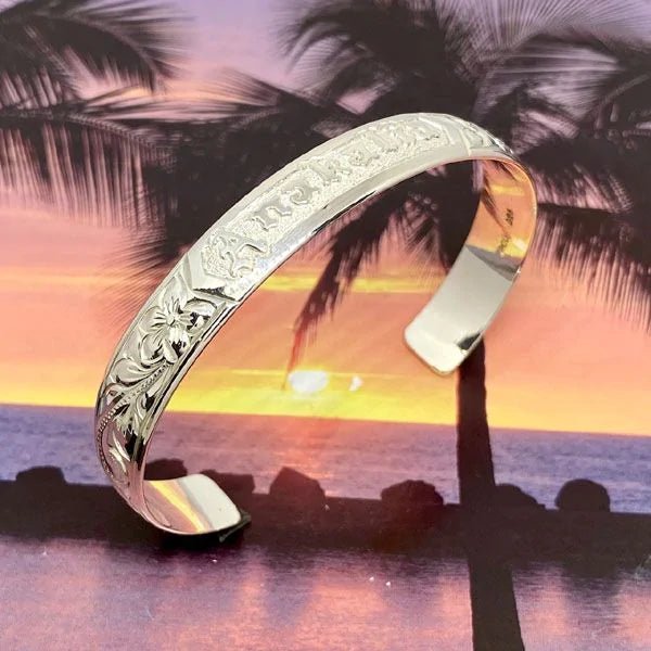 Sterling Silver Custom Hawaiian Bangle Bracelet with Plumeria - Bracelet - Leilanis Attic