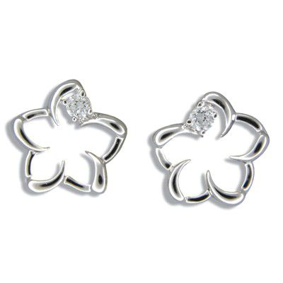 Sterling Silver Cut - Out Hawaiian Plumeria with CZ Pierced Earrings - Leilanis Attic