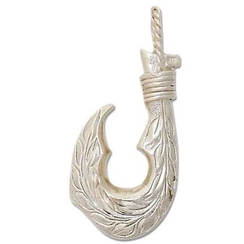 Sterling Silver Hawaiian Fish Hook with Two Sided Engraved Maile Leaf Pendant, Small - Jewelry