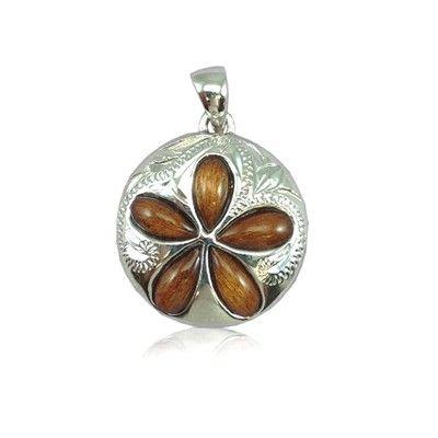 Sterling Silver Hawaiian Koa Wood 20MM Sand Dollar Shaped Plumeria Pendant - Jewelry - Leilanis Attic