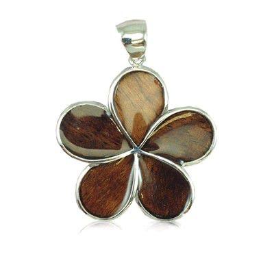 Sterling Silver Hawaiian Koa Wood 25MM Plumeria Design Pendant (L) - Pendant - Leilanis Attic