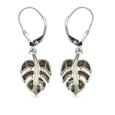 Sterling Silver Hawaiian Koa Wood Fancy Monstera Leaf Lever Earrings - Jewelry - Leilanis Attic