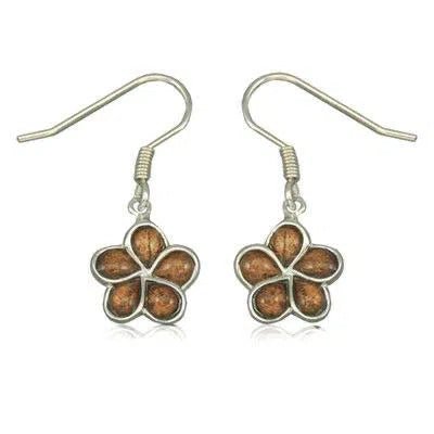 Sterling Silver Hawaiian Koa Wood Plumeria Fish Wire Earrings - Earrings - Leilanis Attic