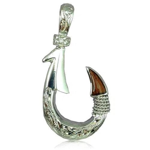 Sterling Silver Men's Hawaiian Koa Wood Fish Hook with 2 Side Engraving Scroll Design Pendant (XL) - Pendant - Leilanis Attic