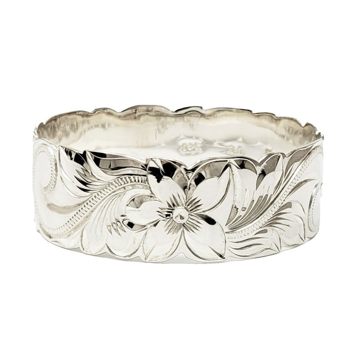 Sterling Silver Plumeria Scroll Cut - Out Edge Bangle, 22mm - Jewelry - Leilanis Attic