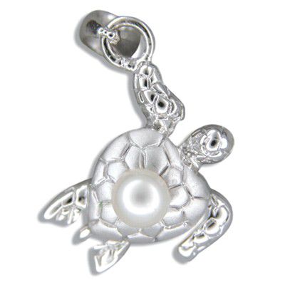 PCU INC Jewelry Sterling Silver Sea Turtle with White Freshwater Pearl Pendant