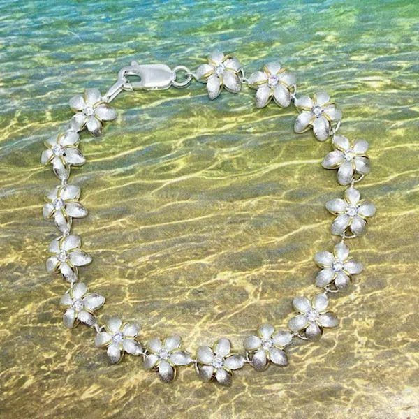 Sterling Silver Two Tone 10MM Hawaiian Plumeria with Clear CZ Design Bracelet - Bracelet - Leilanis Attic