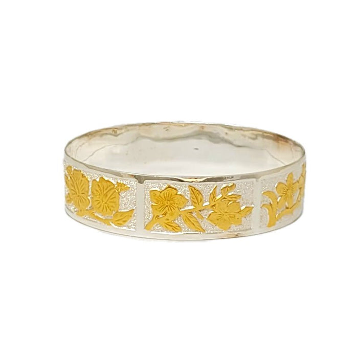 Sterling Silver Two - Tone 18mm Tropical Flowers Straight Edge Bangle - Jewelry - Leilanis Attic