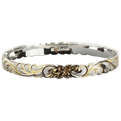 Sterling Silver Two - Tone Gold Plumeria Queen Scroll Cut - Out Edge Bangle, 8mm - Jewelry - Leilanis Attic