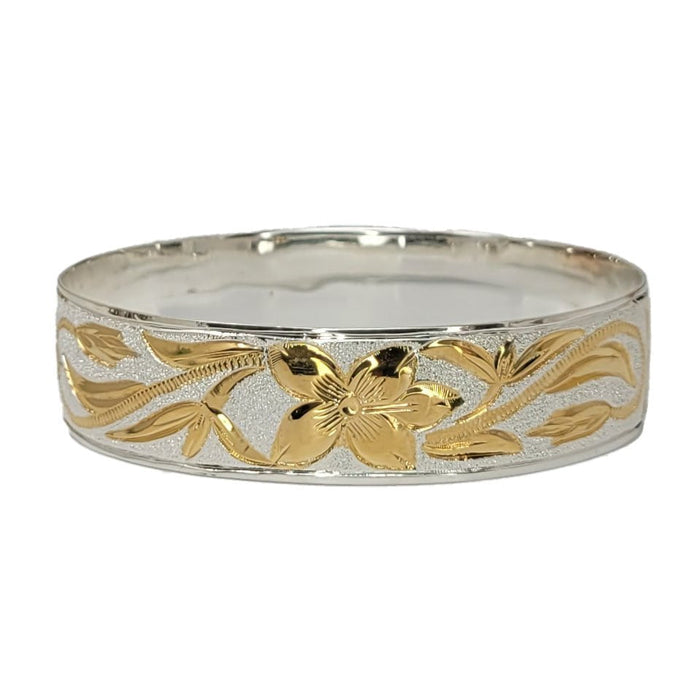 Sterling Silver Two - Tone Plumeria Ti Maile Straight Edge Bangle, 18mm - Jewelry - Leilanis Attic