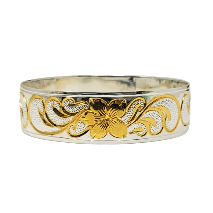 Sterling Silver Two - Tone Raised “Kuuipo” Queen Scroll Straight Edge Bangle, 18mm - Jewelry - Leilanis Attic