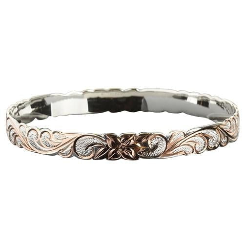 Sterling Silver Two - Tone Rose Gold Plumeria Queen Scroll Cut - Out Edge Bangle, 8mm - Jewelry - Leilanis Attic