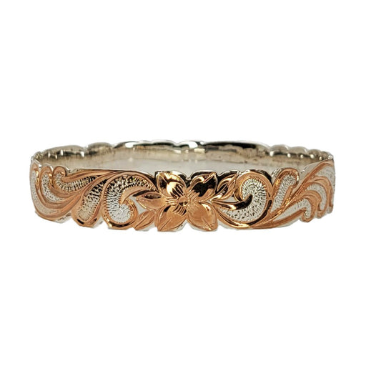 Sterling Silver Two - Tone Rose Gold Queen Plumeria Scroll Cut - Out Edge Bangle, 12mm - Jewelry - Leilanis Attic