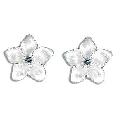 Sterling Silver White Sand CZ Plumeria Pierced Earrings - Jewelry - Leilanis Attic