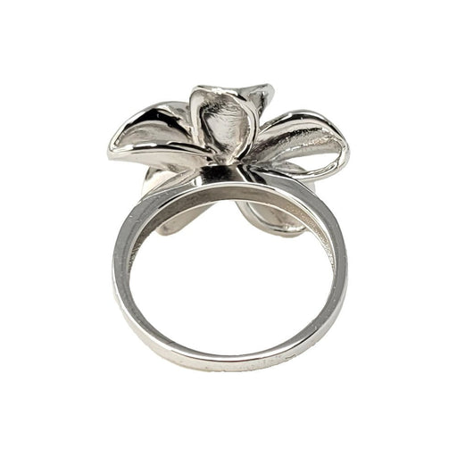 Sterling Silver and Rhodium Plated Large 22mm Plumeria Ring with Clear CZ - Ring - Leilanis Attic