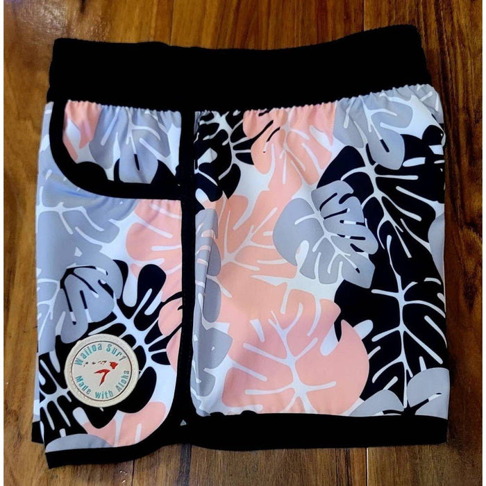 Wailoa “Black/Grey/Pink Leaf” Lady Stretch Volley Shorts - Board Shorts - womens - Leilanis Attic